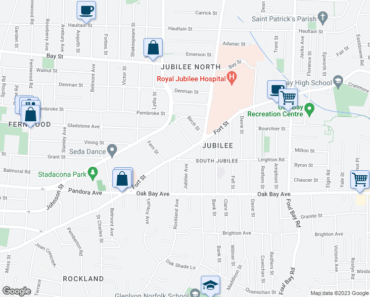 map of restaurants, bars, coffee shops, grocery stores, and more near 1742 Fort Street in Victoria