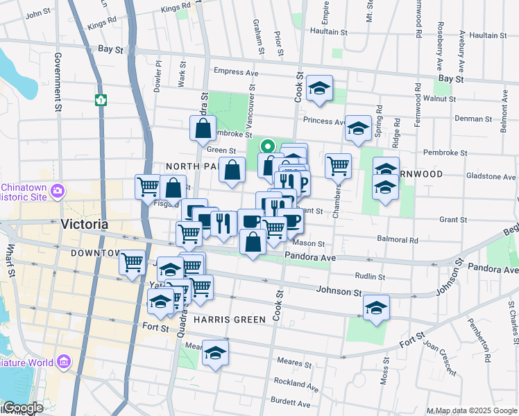 map of restaurants, bars, coffee shops, grocery stores, and more near 1020 Balmoral Road in Victoria