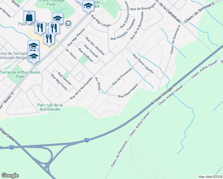 map of restaurants, bars, coffee shops, grocery stores, and more near 215 Rue de Provence in Rimouski