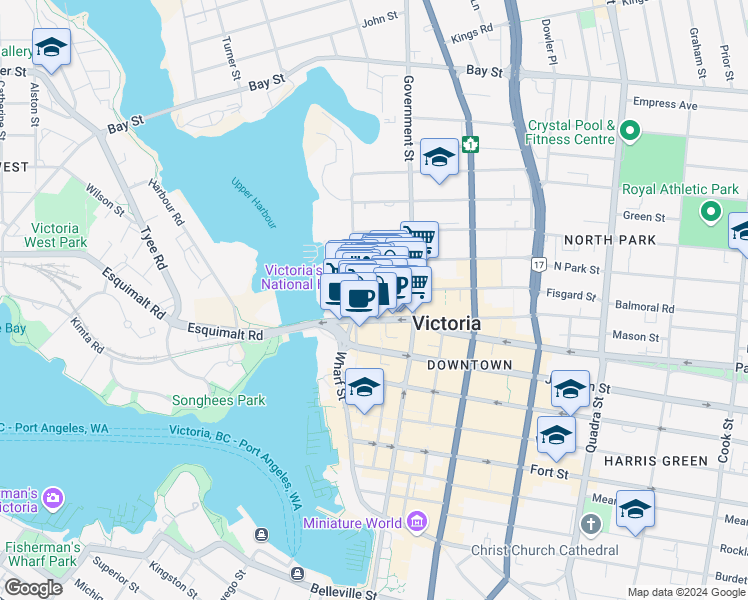 map of restaurants, bars, coffee shops, grocery stores, and more near 537 Fisgard Street in Victoria