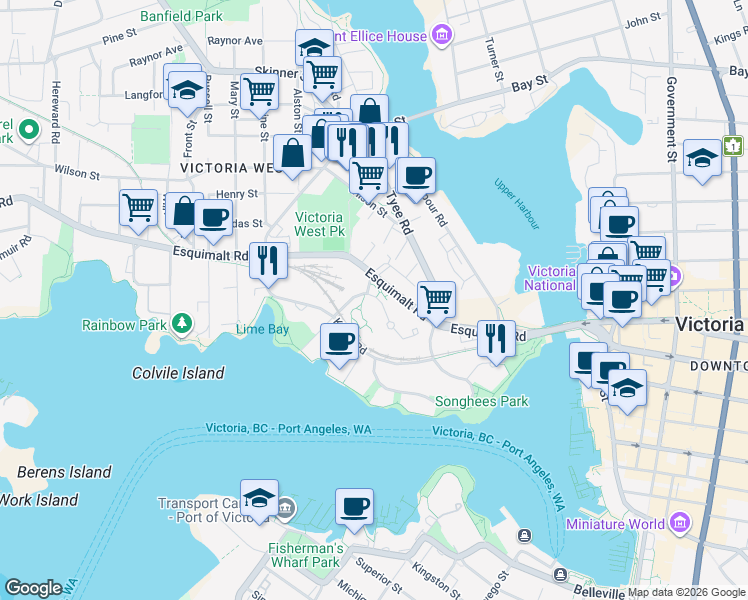 map of restaurants, bars, coffee shops, grocery stores, and more near 742 Saghalie Road in Victoria