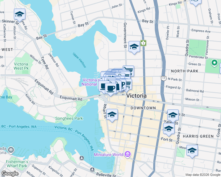 map of restaurants, bars, coffee shops, grocery stores, and more near 537 Fisgard Street in Victoria