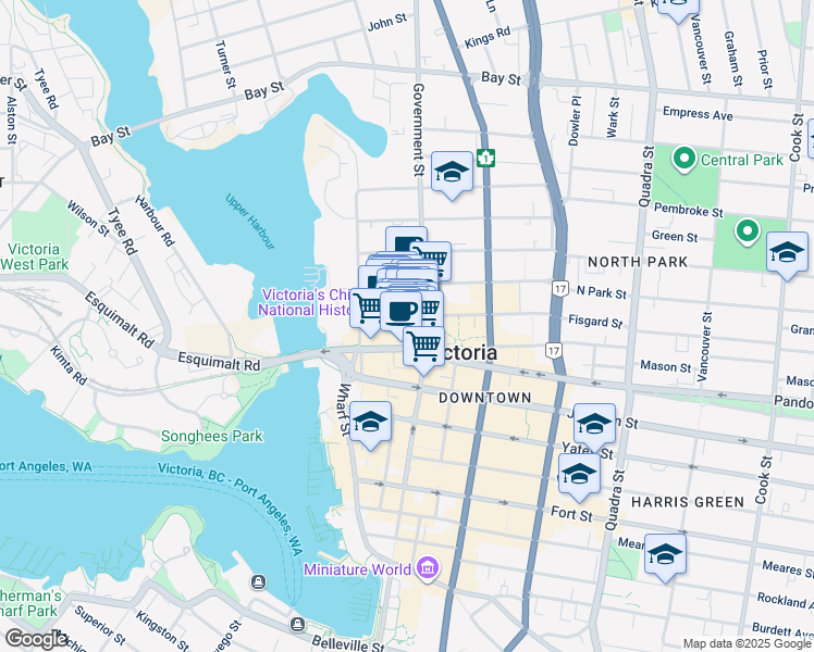 map of restaurants, bars, coffee shops, grocery stores, and more near 17 Fan Tan Alley in Victoria