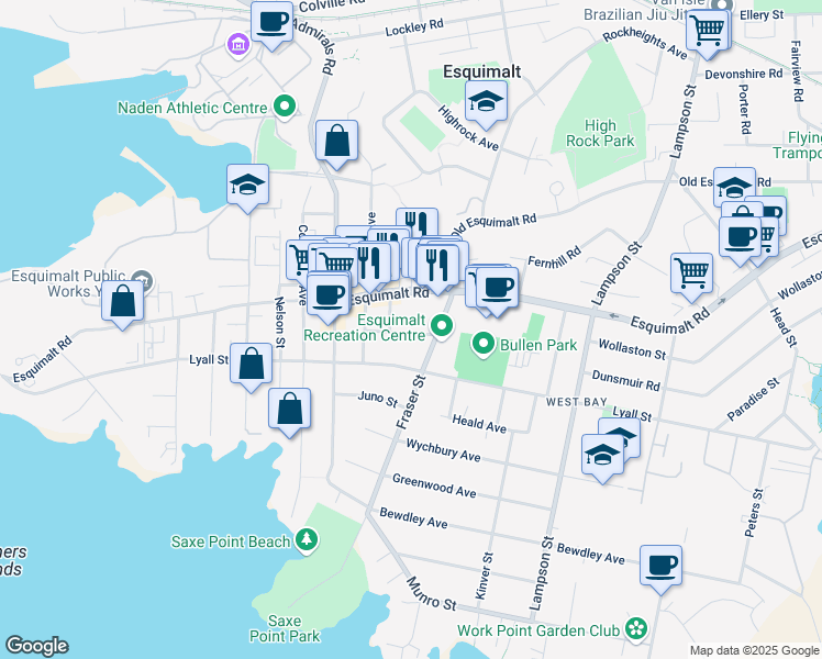 map of restaurants, bars, coffee shops, grocery stores, and more near 1215 Carlisle Avenue in Victoria
