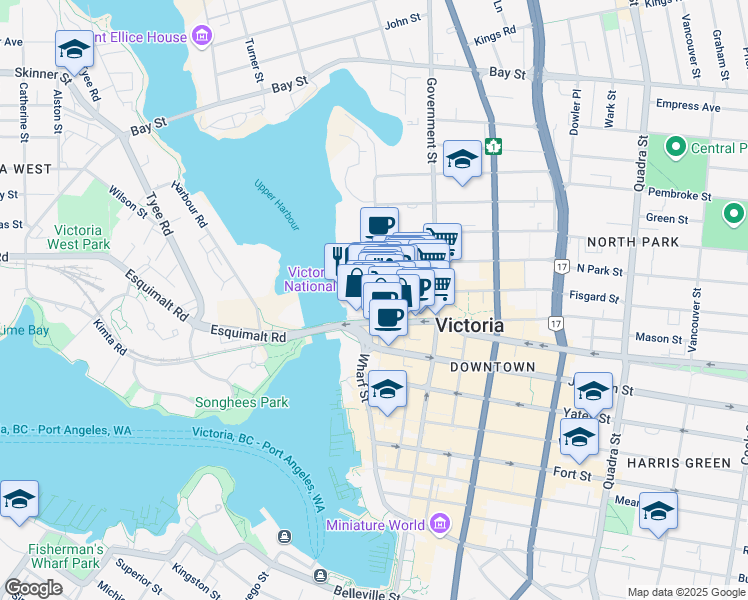 map of restaurants, bars, coffee shops, grocery stores, and more near 1612 Store Street in Victoria