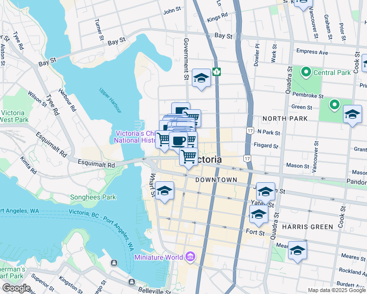 map of restaurants, bars, coffee shops, grocery stores, and more near 17 Fan Tan Alley in Victoria