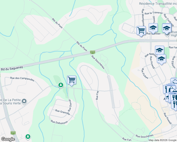 map of restaurants, bars, coffee shops, grocery stores, and more near 1855 Rue Riddell in Saguenay