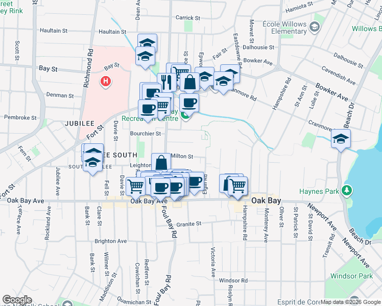 map of restaurants, bars, coffee shops, grocery stores, and more near 2068 Milton Street in Victoria