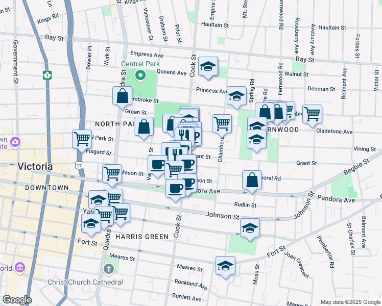 map of restaurants, bars, coffee shops, grocery stores, and more near 1725 Cook Street in Victoria