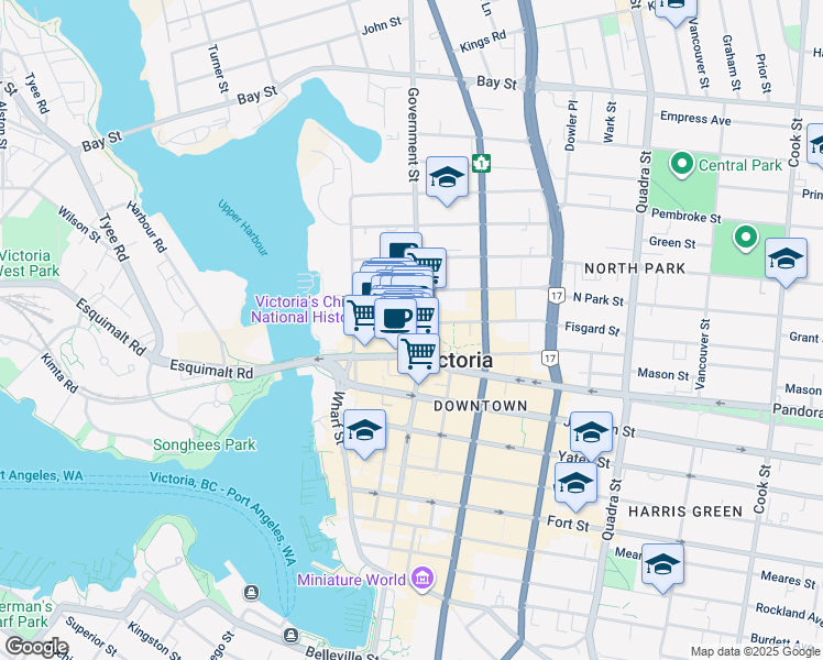 map of restaurants, bars, coffee shops, grocery stores, and more near 17 Fan Tan Alley in Victoria