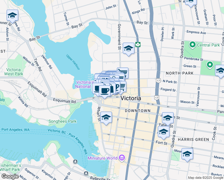 map of restaurants, bars, coffee shops, grocery stores, and more near 537 Fisgard Street in Victoria