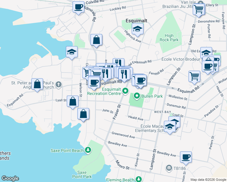 map of restaurants, bars, coffee shops, grocery stores, and more near 501 Park Place in Esquimalt