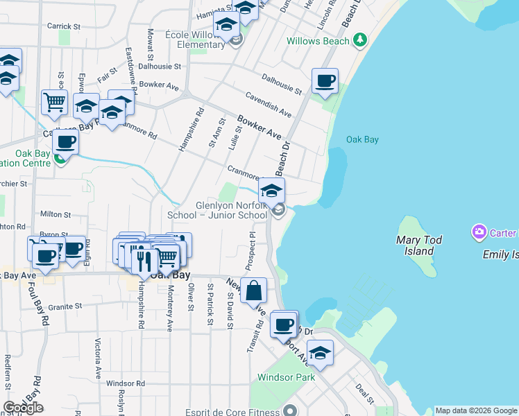 map of restaurants, bars, coffee shops, grocery stores, and more near 2390 Patio Court in Victoria