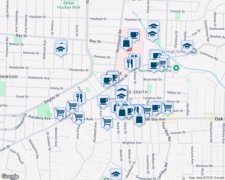 map of restaurants, bars, coffee shops, grocery stores, and more near 1729 Richmond Avenue in Victoria