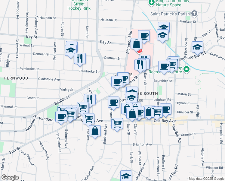 map of restaurants, bars, coffee shops, grocery stores, and more near 1742 Fort Street in Victoria