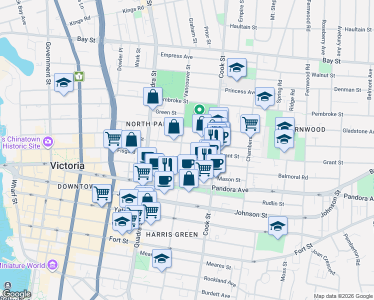 map of restaurants, bars, coffee shops, grocery stores, and more near 1010 Balmoral Road in Victoria