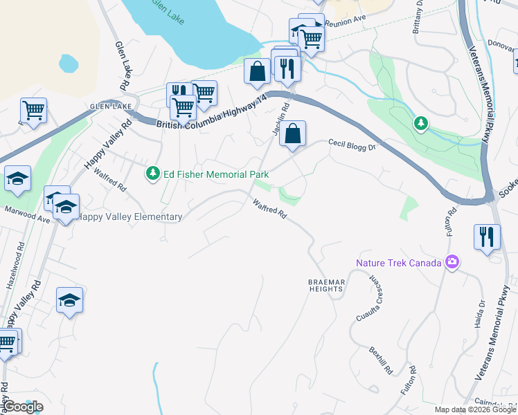 map of restaurants, bars, coffee shops, grocery stores, and more near 923 Walfred Road in Victoria