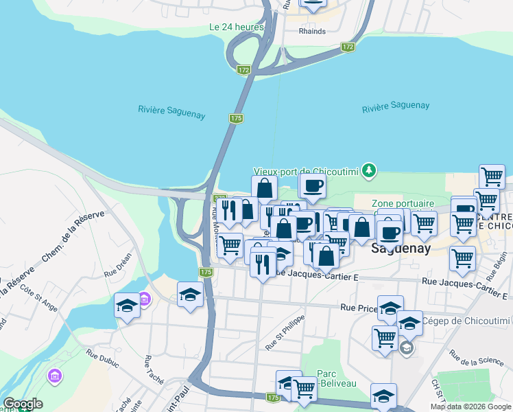 map of restaurants, bars, coffee shops, grocery stores, and more near 40 Boulevard du Saguenay Ouest in Saguenay