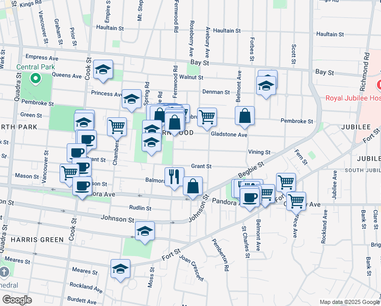 map of restaurants, bars, coffee shops, grocery stores, and more near 1331 Vining Street in Victoria