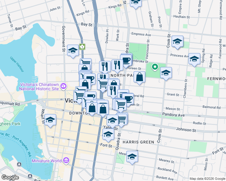 map of restaurants, bars, coffee shops, grocery stores, and more near 1529 Amelia Street in Victoria