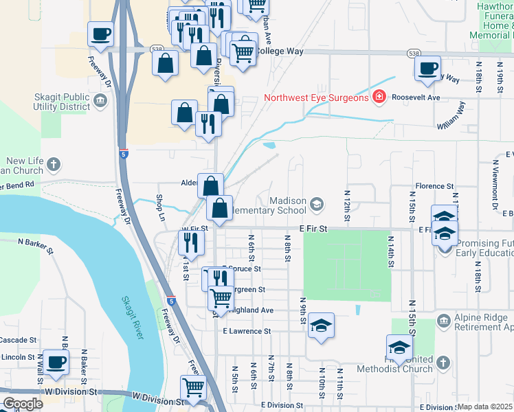 map of restaurants, bars, coffee shops, grocery stores, and more near 915 Crestview Lane in Mount Vernon