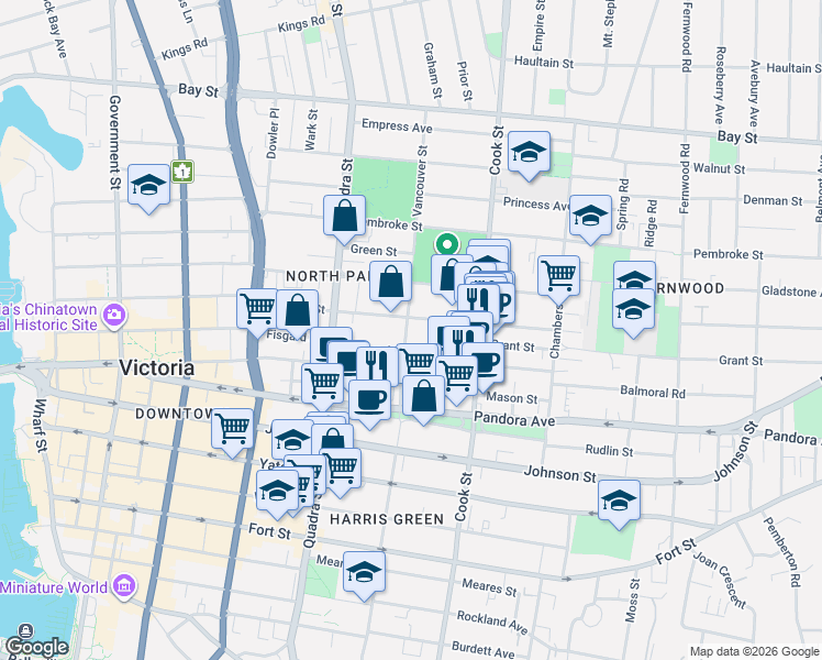 map of restaurants, bars, coffee shops, grocery stores, and more near 1010 Balmoral Road in Victoria