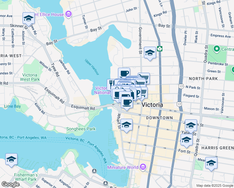 map of restaurants, bars, coffee shops, grocery stores, and more near in Victoria