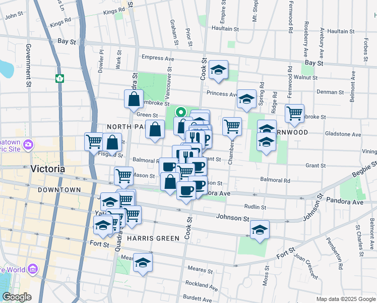 map of restaurants, bars, coffee shops, grocery stores, and more near 1035 North Park Street in Victoria