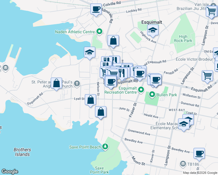 map of restaurants, bars, coffee shops, grocery stores, and more near in Victoria