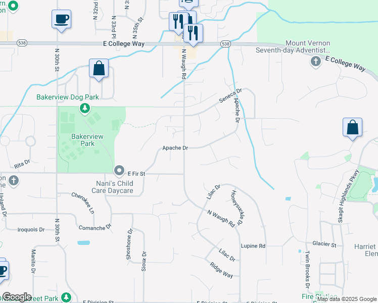 map of restaurants, bars, coffee shops, grocery stores, and more near 3804 Apache Drive in Mount Vernon