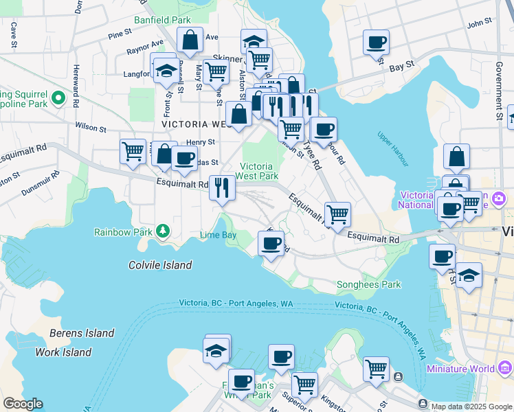 map of restaurants, bars, coffee shops, grocery stores, and more near 251 Esquimalt Road in Victoria