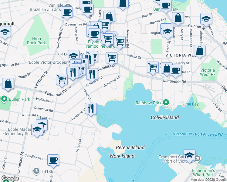 map of restaurants, bars, coffee shops, grocery stores, and more near 847 Dunsmuir Road in Victoria