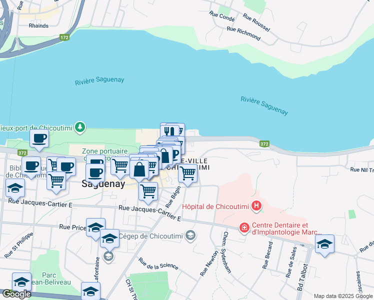 map of restaurants, bars, coffee shops, grocery stores, and more near 460 Rue Racine Est in Saguenay
