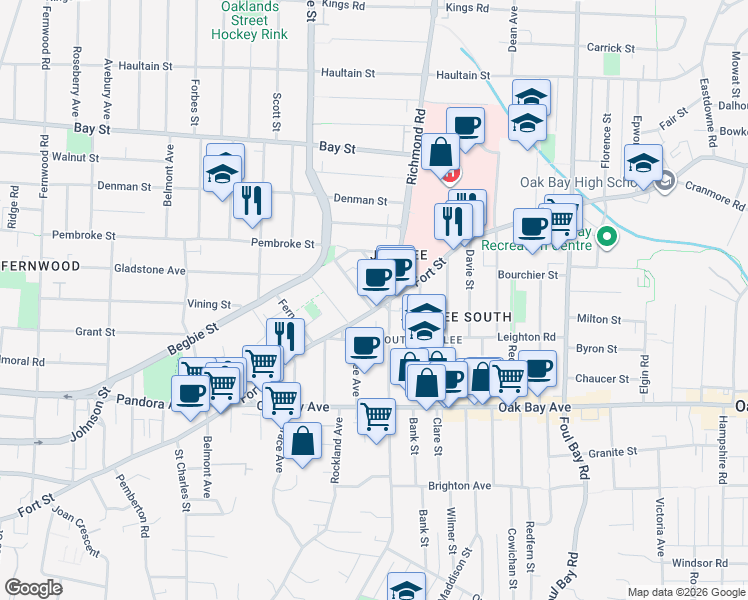 map of restaurants, bars, coffee shops, grocery stores, and more near 1742 Fort Street in Victoria