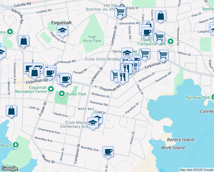 map of restaurants, bars, coffee shops, grocery stores, and more near 1023 Esquimalt Road in Victoria