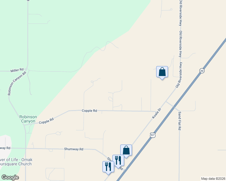 map of restaurants, bars, coffee shops, grocery stores, and more near 59C Copple Road in Omak