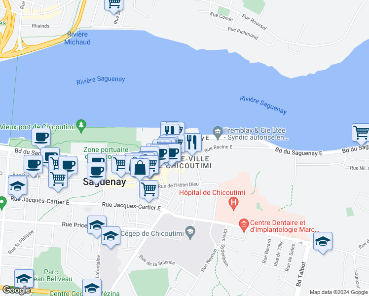 map of restaurants, bars, coffee shops, grocery stores, and more near 159 Rue Salaberry in Saguenay