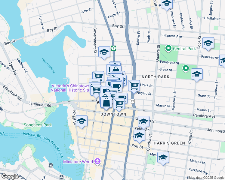 map of restaurants, bars, coffee shops, grocery stores, and more near 1700 Douglas Street in Victoria