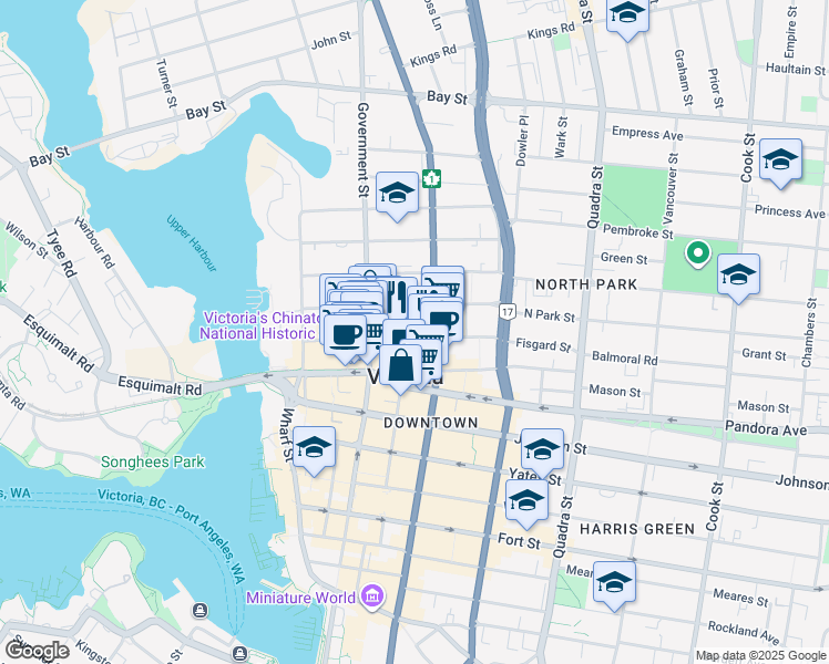map of restaurants, bars, coffee shops, grocery stores, and more near 640 Fisgard Street in Victoria