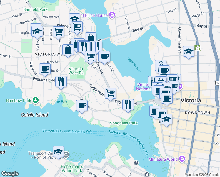 map of restaurants, bars, coffee shops, grocery stores, and more near in Victoria