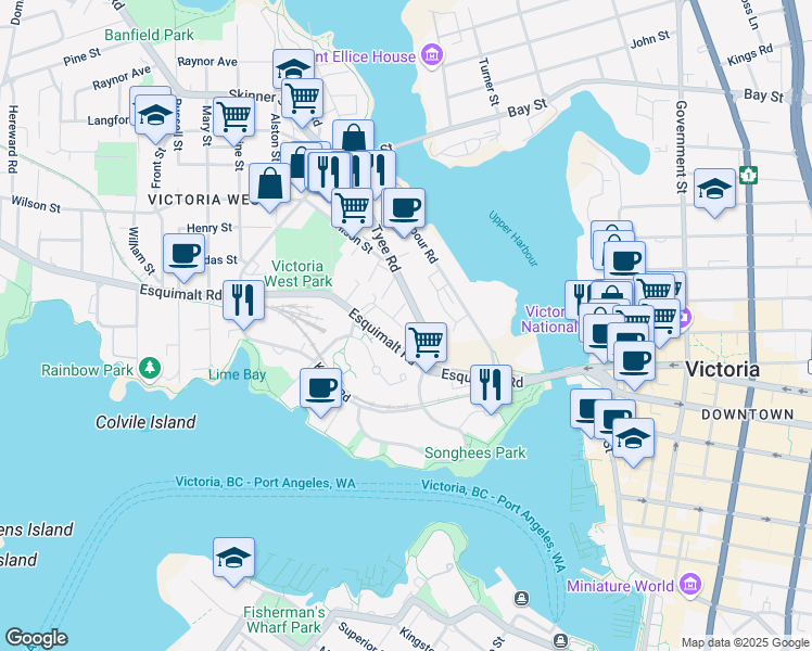 map of restaurants, bars, coffee shops, grocery stores, and more near 455 Sitkum Road in Victoria