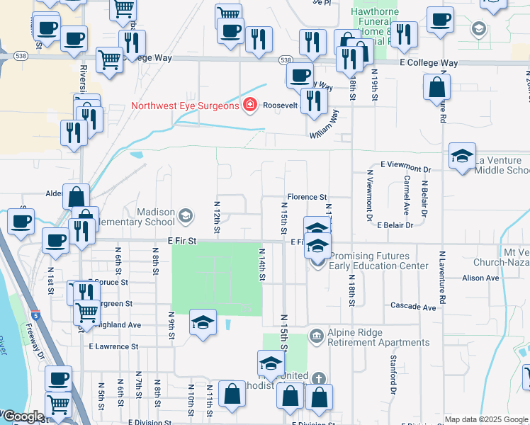 map of restaurants, bars, coffee shops, grocery stores, and more near 1010 North 14th Street in Mount Vernon