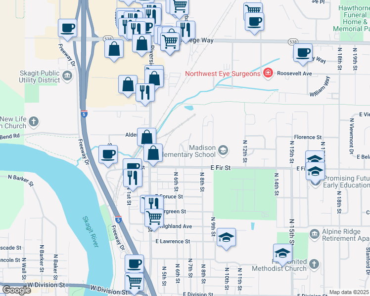 map of restaurants, bars, coffee shops, grocery stores, and more near 915 Crestview Lane in Mount Vernon