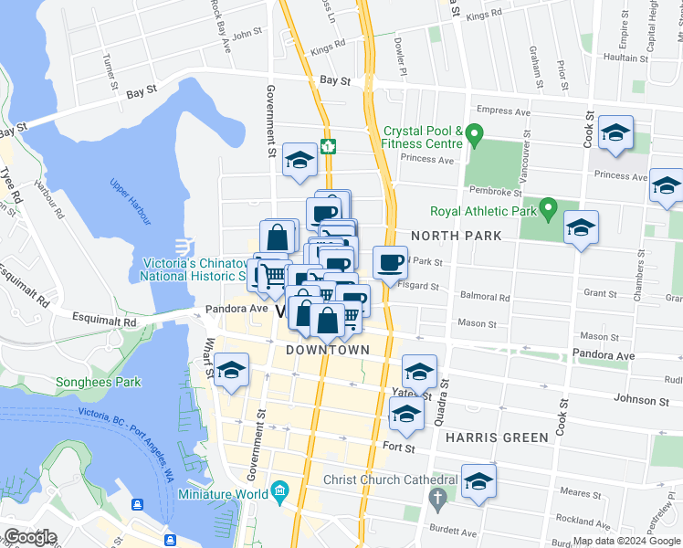 map of restaurants, bars, coffee shops, grocery stores, and more near 81442 Douglas Street in Victoria