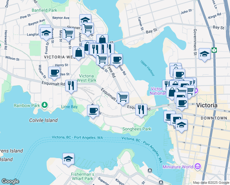 map of restaurants, bars, coffee shops, grocery stores, and more near in Victoria