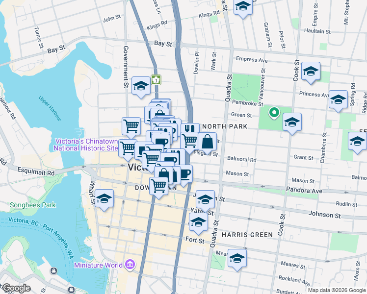 map of restaurants, bars, coffee shops, grocery stores, and more near 1700 Blanshard Street in Victoria