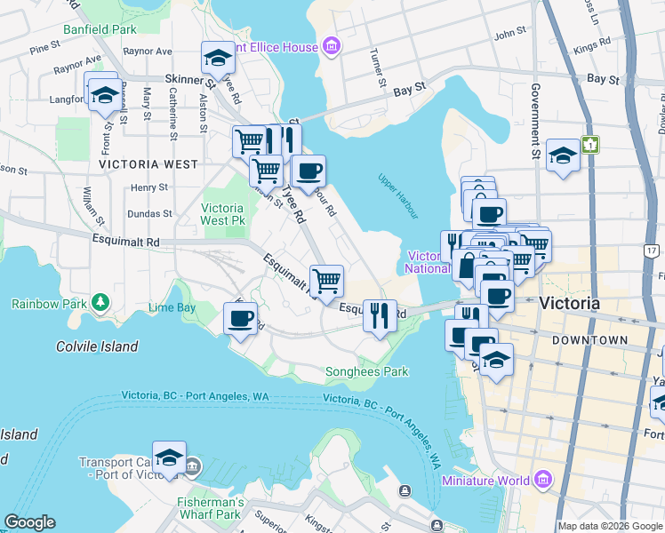 map of restaurants, bars, coffee shops, grocery stores, and more near 361 Tyee Road in Victoria