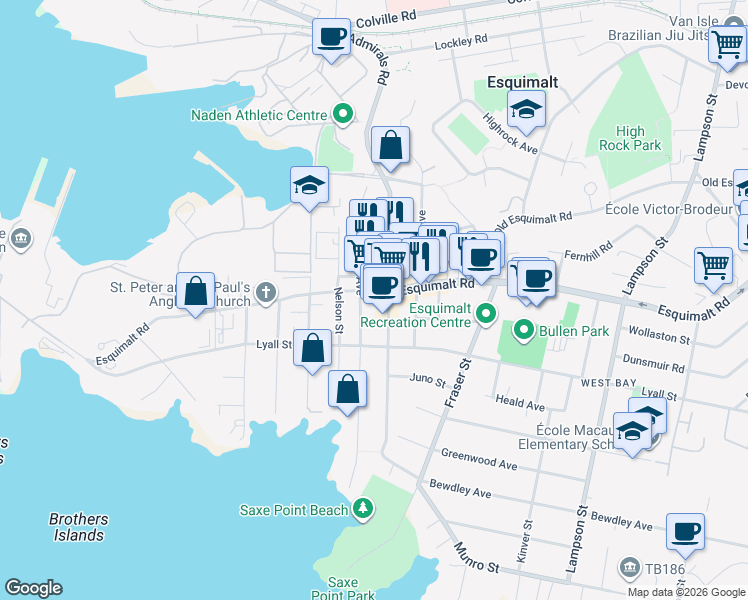 map of restaurants, bars, coffee shops, grocery stores, and more near in Victoria
