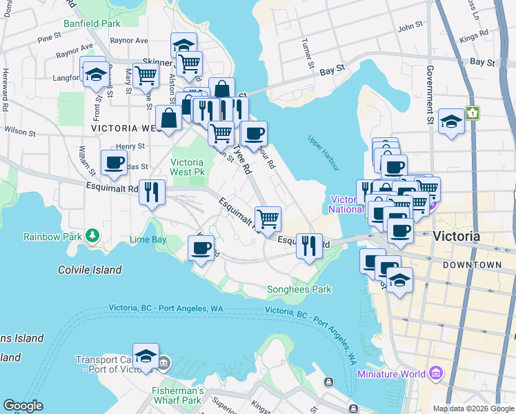 map of restaurants, bars, coffee shops, grocery stores, and more near in Victoria
