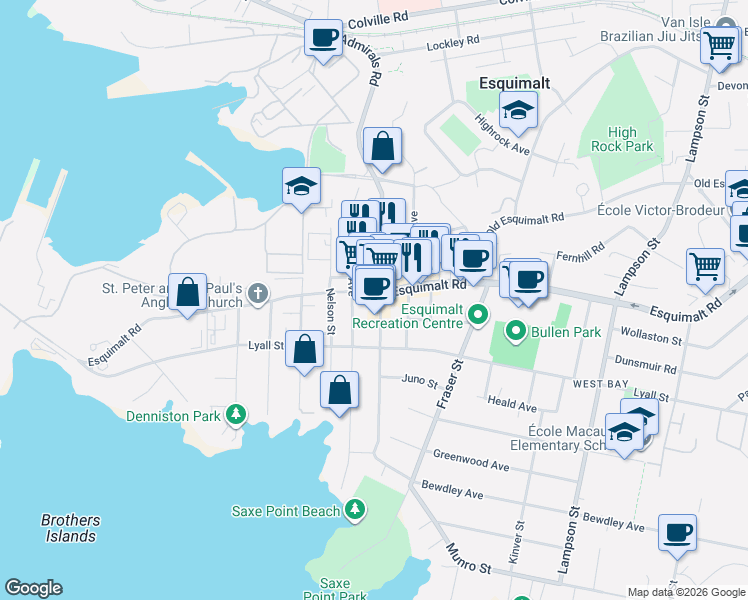 map of restaurants, bars, coffee shops, grocery stores, and more near in Victoria